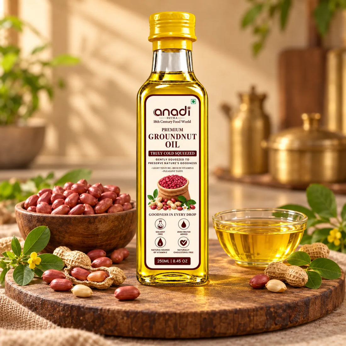 Groundnut oil bottle with yellow cap, glass filled with golden oil and printed label.