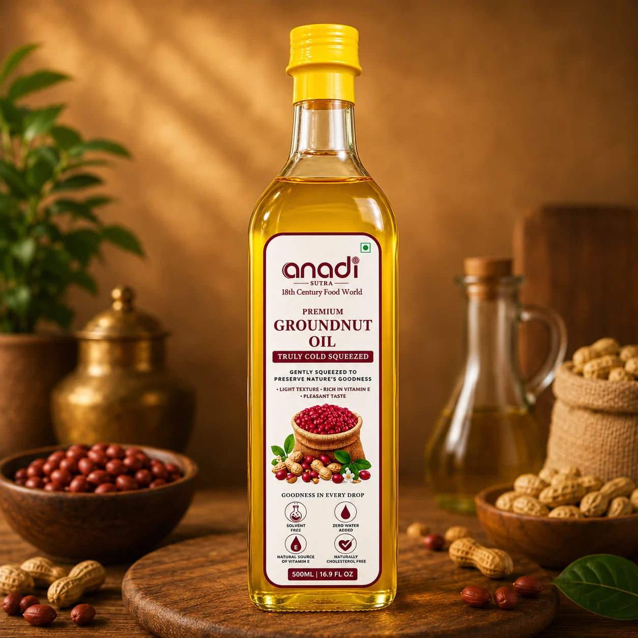 Groundnut oil bottle, 500 ml, with yellow cap and clear glass of golden oil