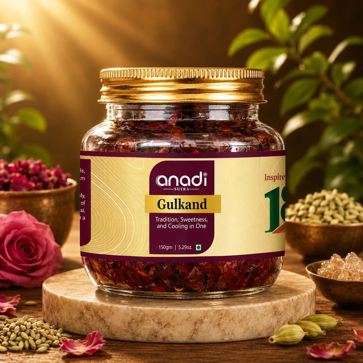 Gulkand sweet in glass jar with red flower petals, 150 gm