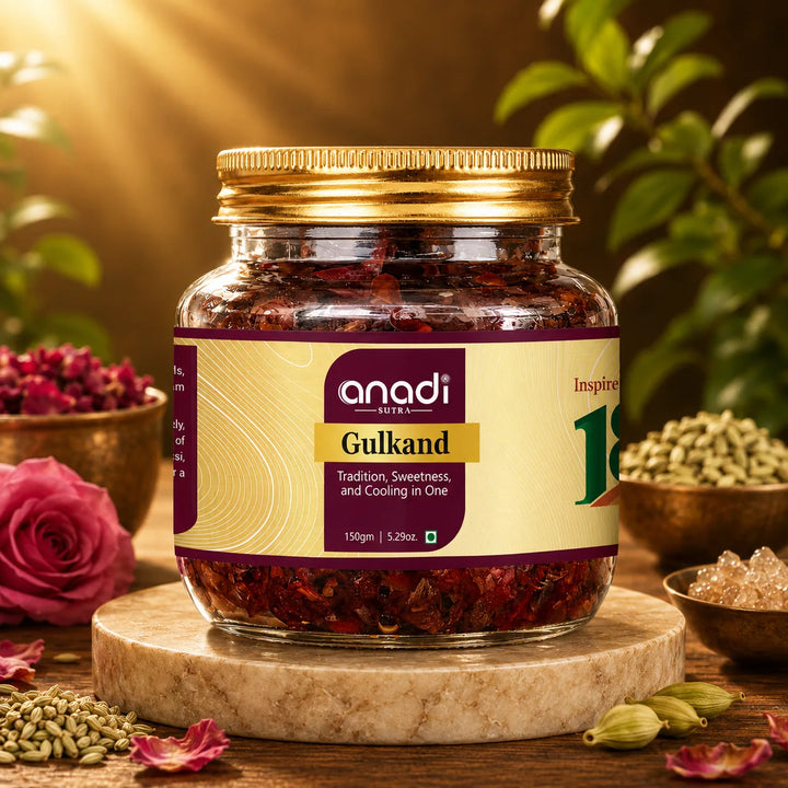 Gulkand sweet in glass jar with red flower petals, 150 gm