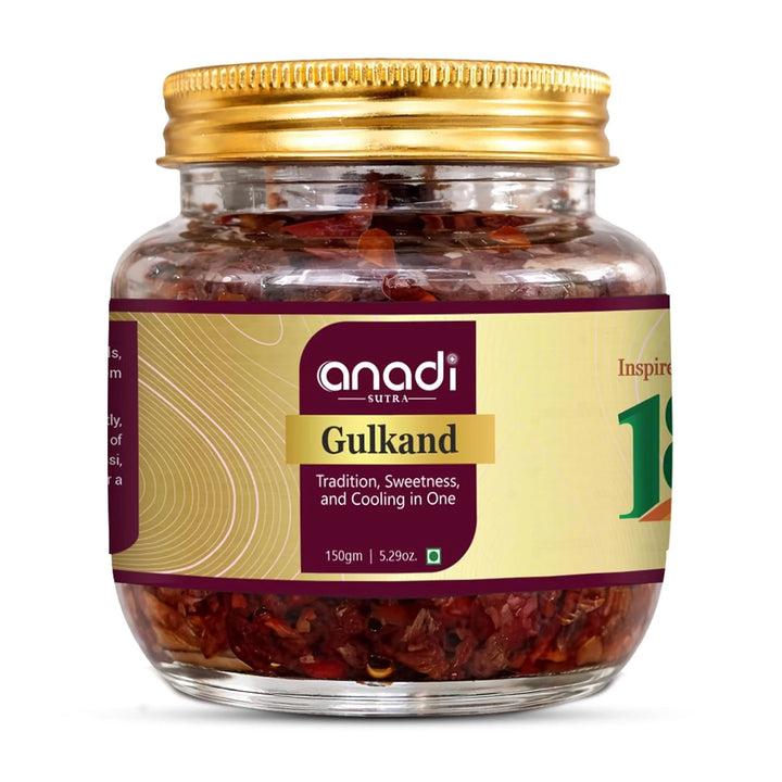 anadi Gulkand 150 gm glass jar with gold lid and maroon rose-petal filling