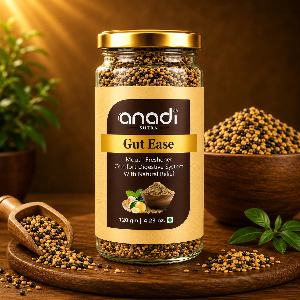 anadi Gut Ease mouth freshener jar with gold cap and small green-brown granules