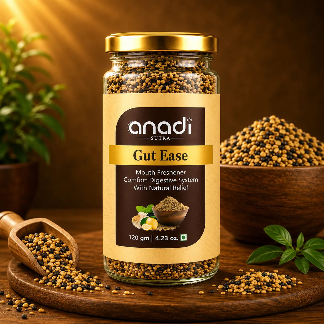 anadi Gut Ease mouth freshener jar with gold cap and small green-brown granules