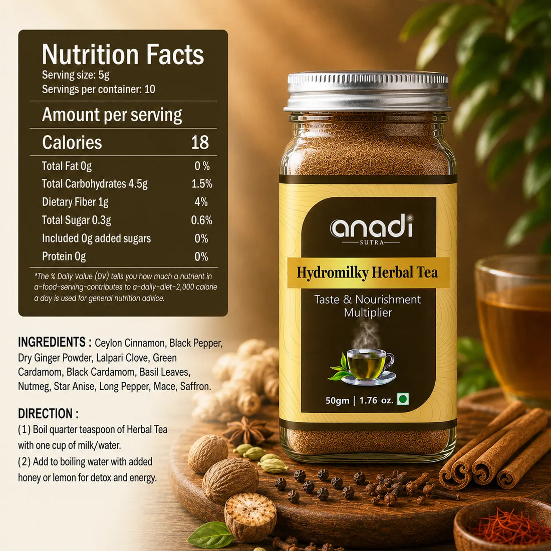 Herbal tea jar with anadi label and 50g Nutrition Facts panel