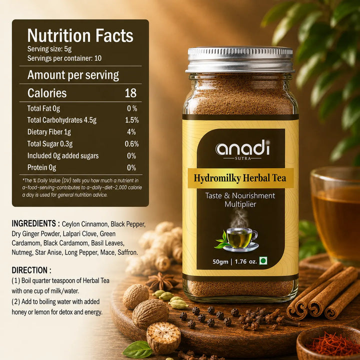 Herbal tea jar with anadi label and 50g Nutrition Facts panel