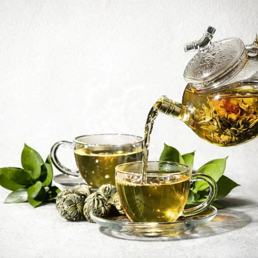 Brewed herbal tea cups with clear teapot and scattered green leaves