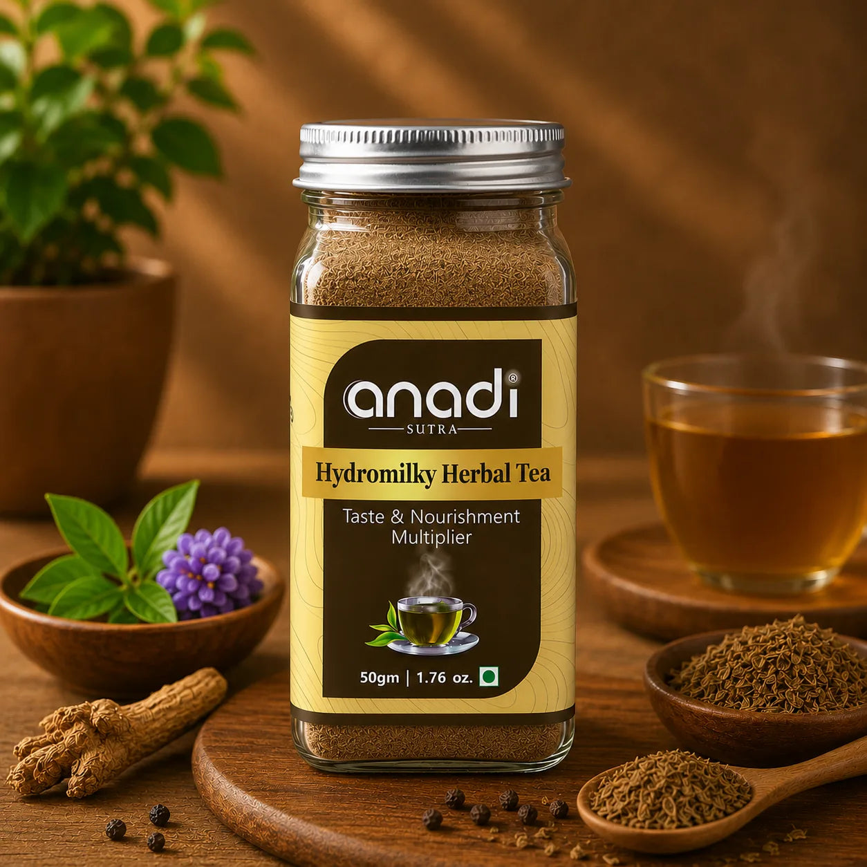 Herbal tea jar, 50 g glass bottle with anadi Hydromilkly herbal tea label