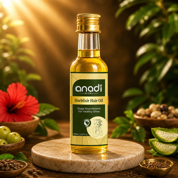 Herblixir Hair Oil amber glass bottle with screw cap, label visible