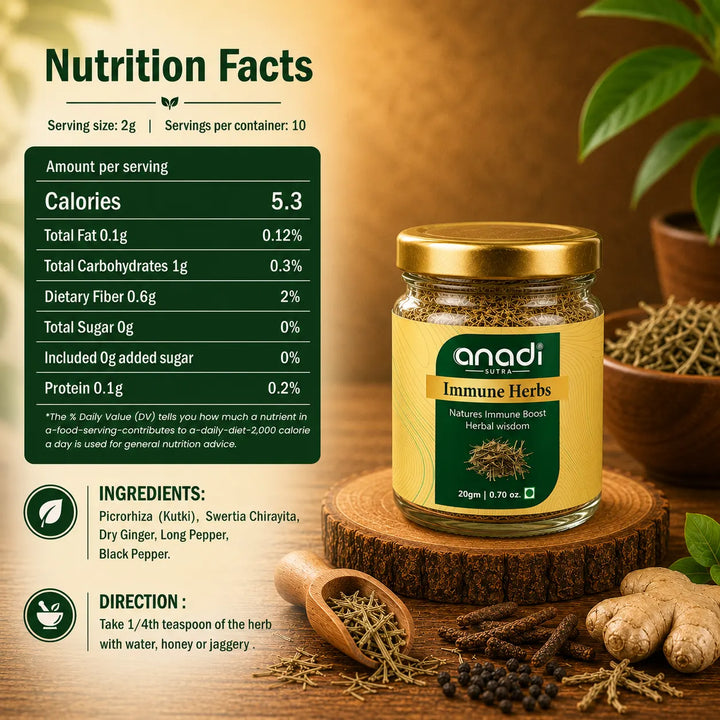 Goodi Immune Herb herbal supplement jar with gold lid, 20 gm on label