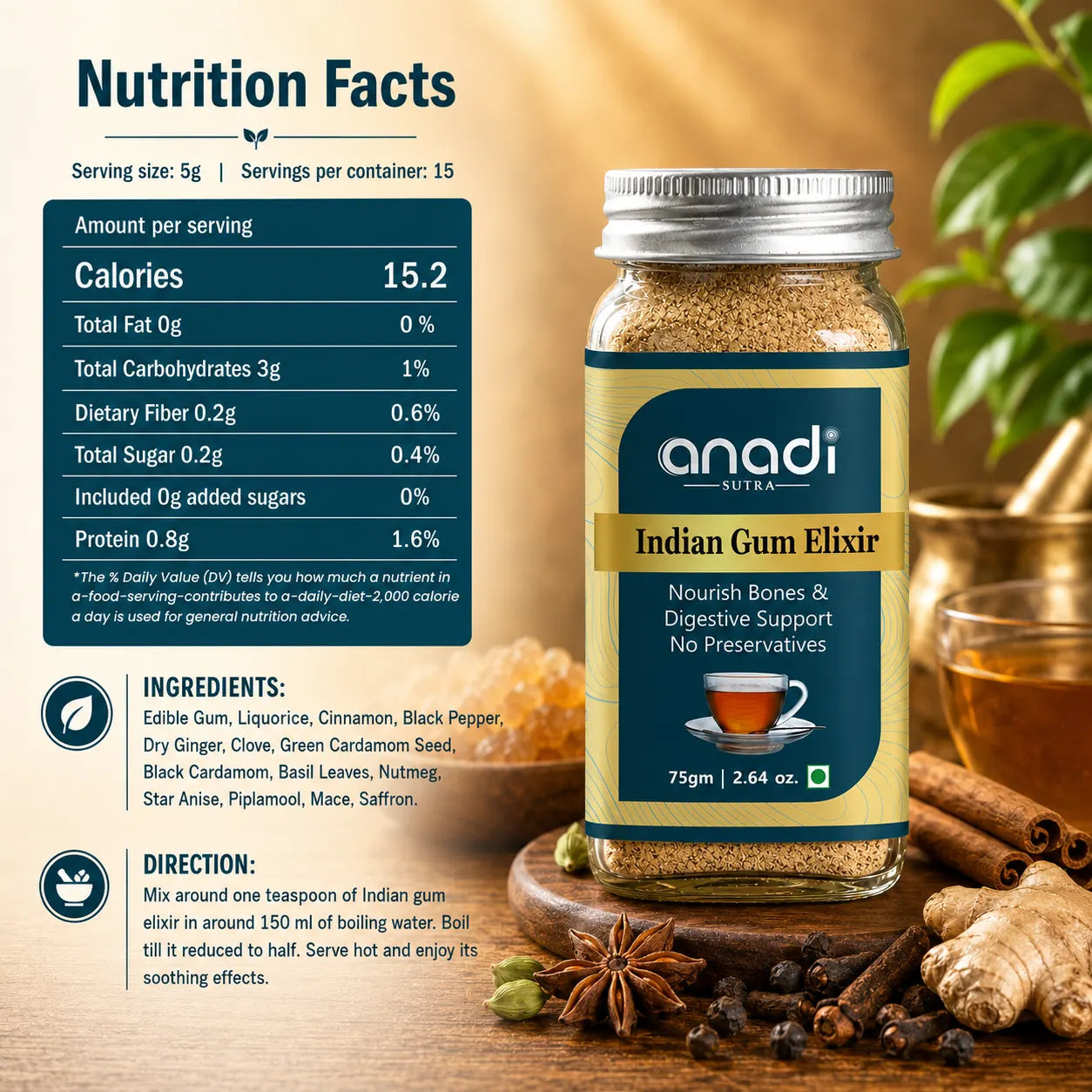 Anadi SUTRA Indian Gum Elixir jar with silver lid, glass container of spice blend