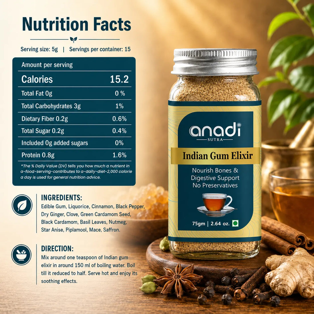 Anadi SUTRA Indian Gum Elixir jar with silver lid, glass container of spice blend