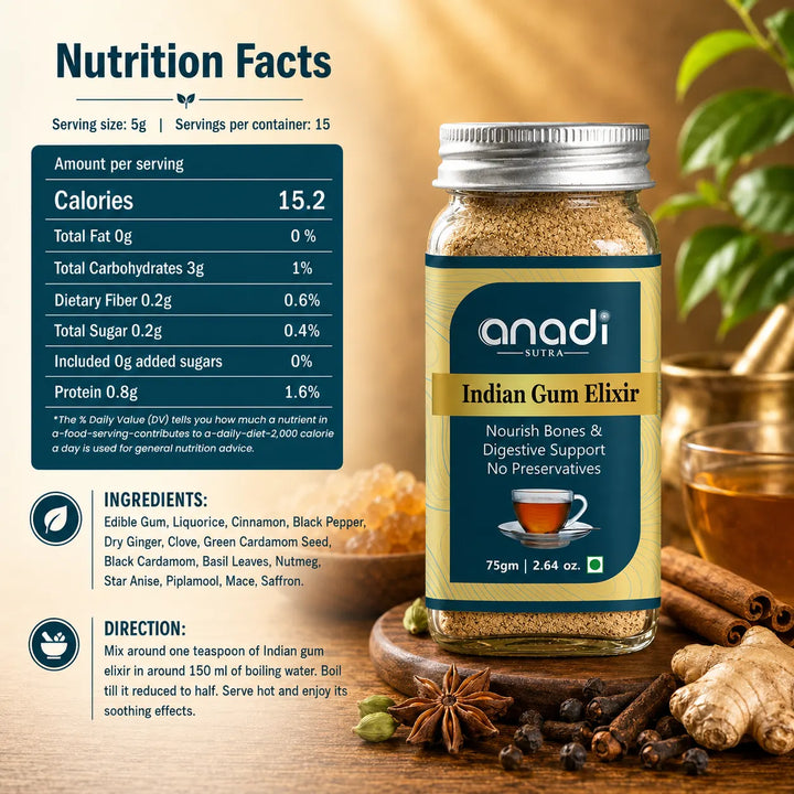 Anadi SUTRA Indian Gum Elixir jar with silver lid, glass container of spice blend