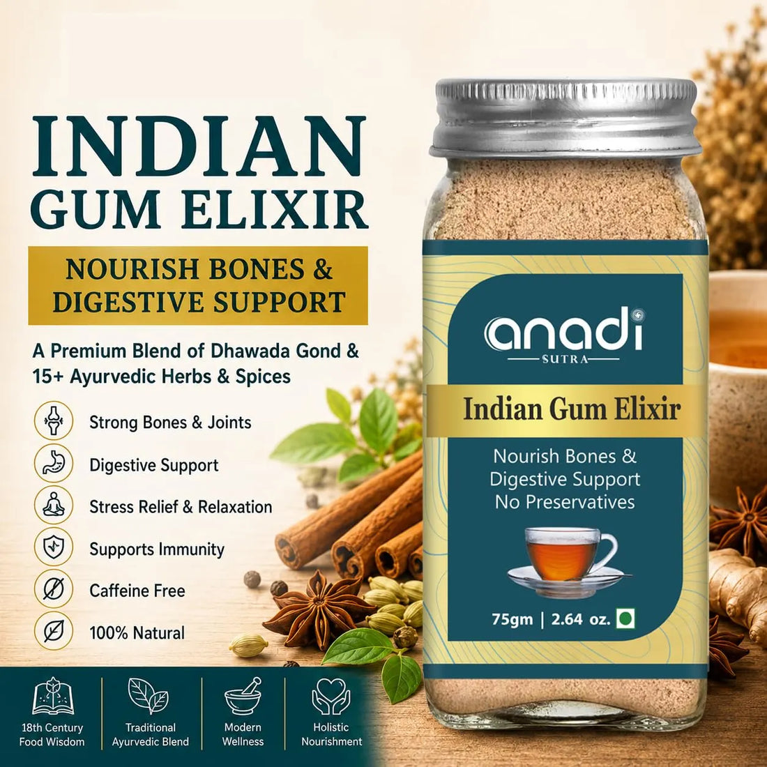 Indian gum elixir bottle with label for bones, digestive support, and 75g size