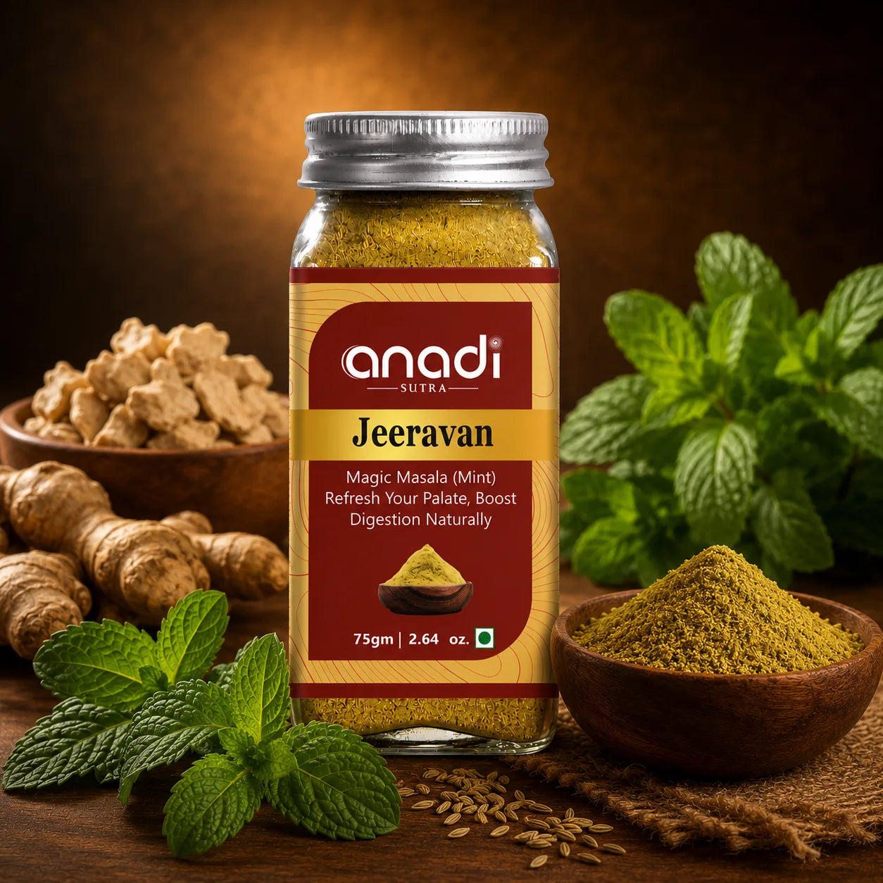 Jeeravan mint spice jar, 75 g, with silver screw-top lid and red label.