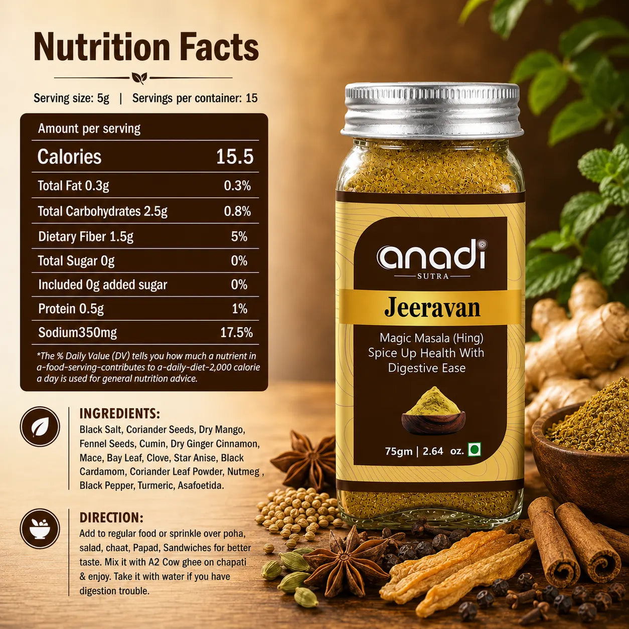 Jeeravan hing spice jar with label, 75 g, for digestive health