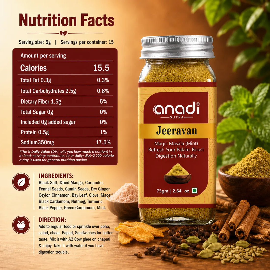 Jeeravan mint spice mix in glass jar, 75 g, with sealed metal lid