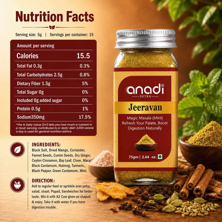 Jeeravan mint spice mix in glass jar, 75 g, with sealed metal lid