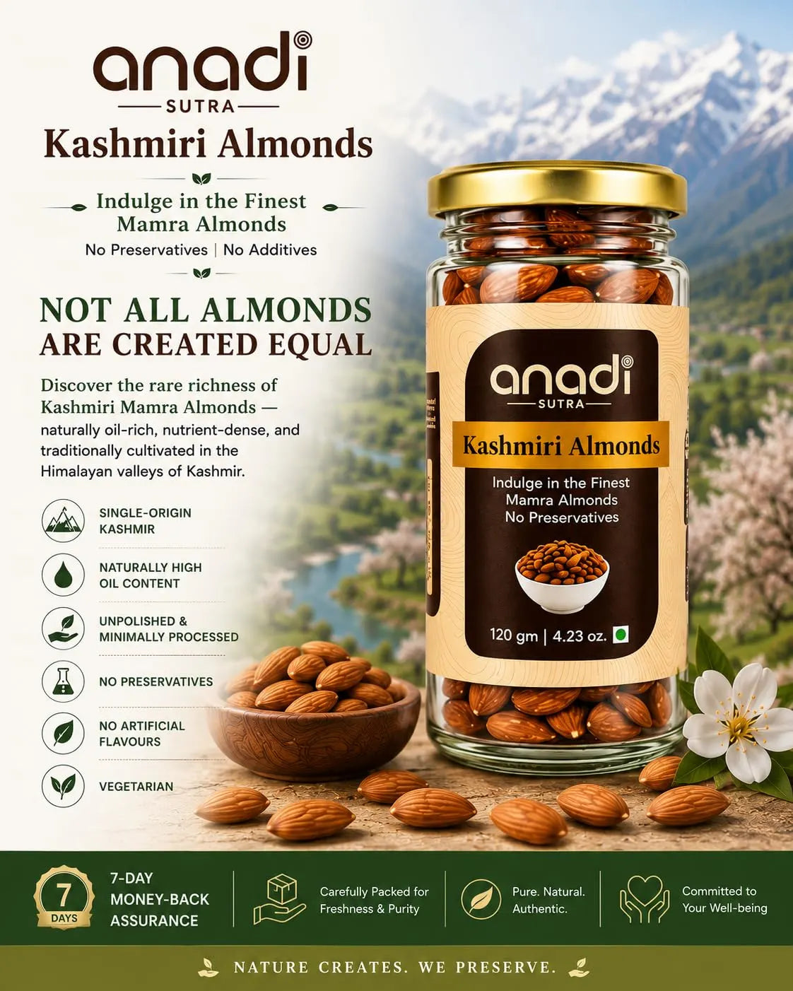 Glass jar of Kashmiri almonds with gold lid and bowl of whole almonds