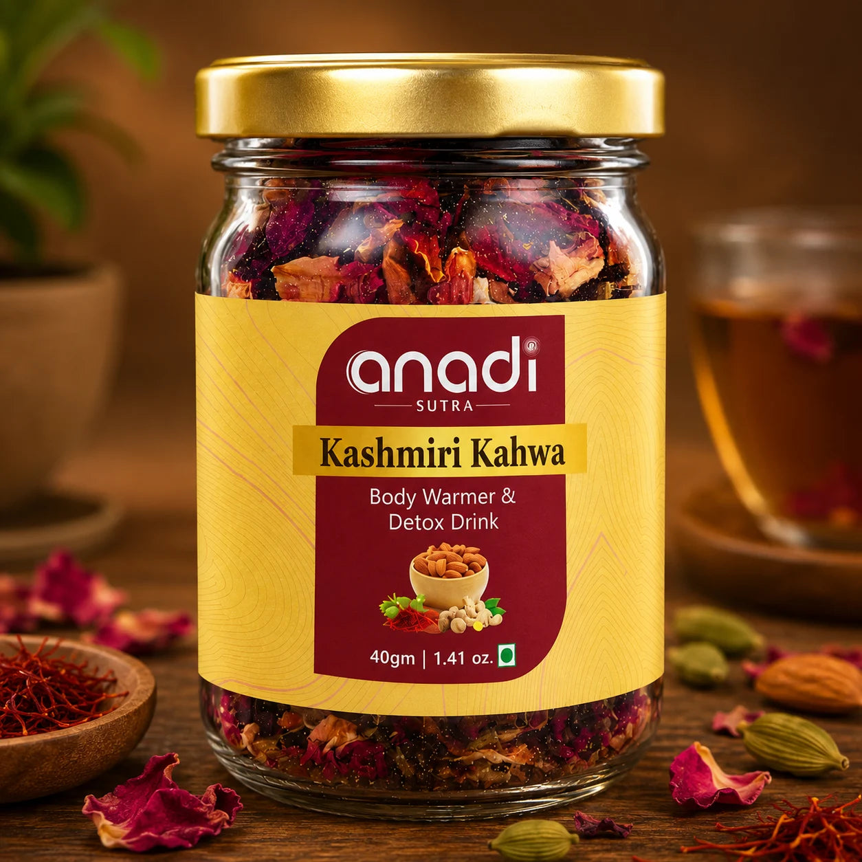 Kashmiri Kahwa spice drink jar with gold lid, 40 g, anadi sutra label