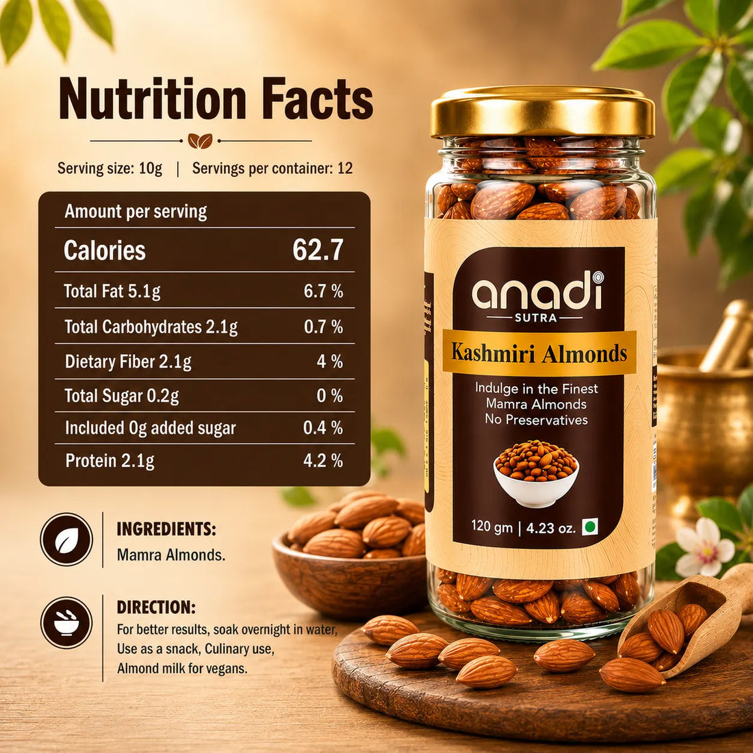 Glass jar of Kashmiri almonds with gold lid and almond label, 120 g