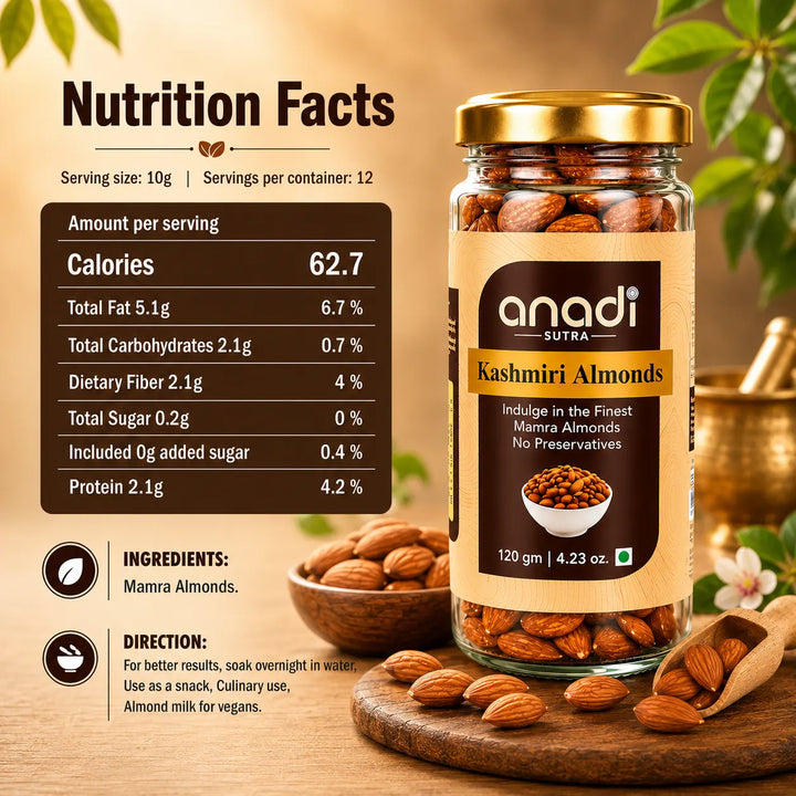 Glass jar of Kashmiri almonds with gold lid and almond label, 120 g