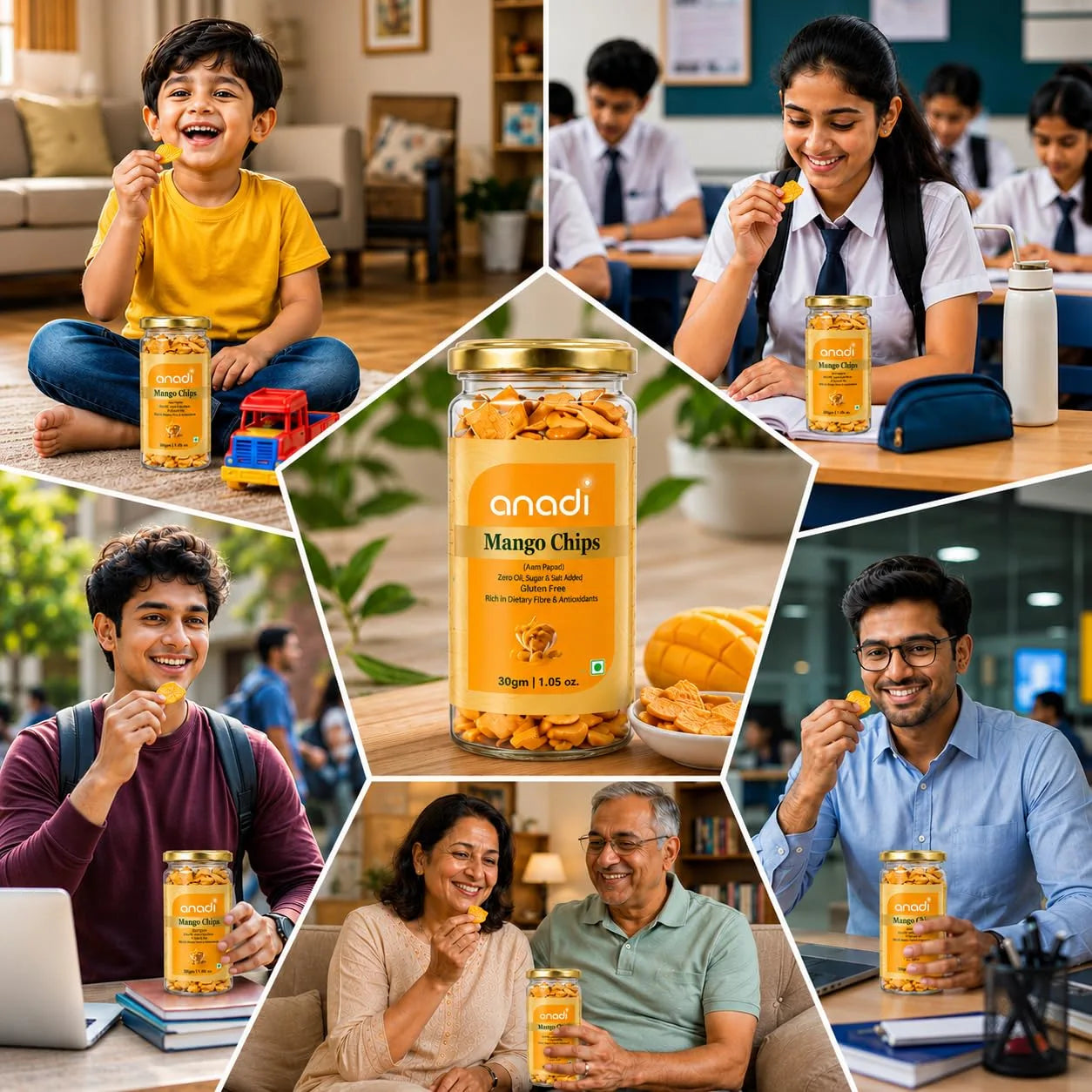 Glass jar of anadi mango chips held by people, with snack chips visible
