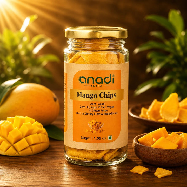 anadi mango chips glass jar with golden mango pieces and serving bowl