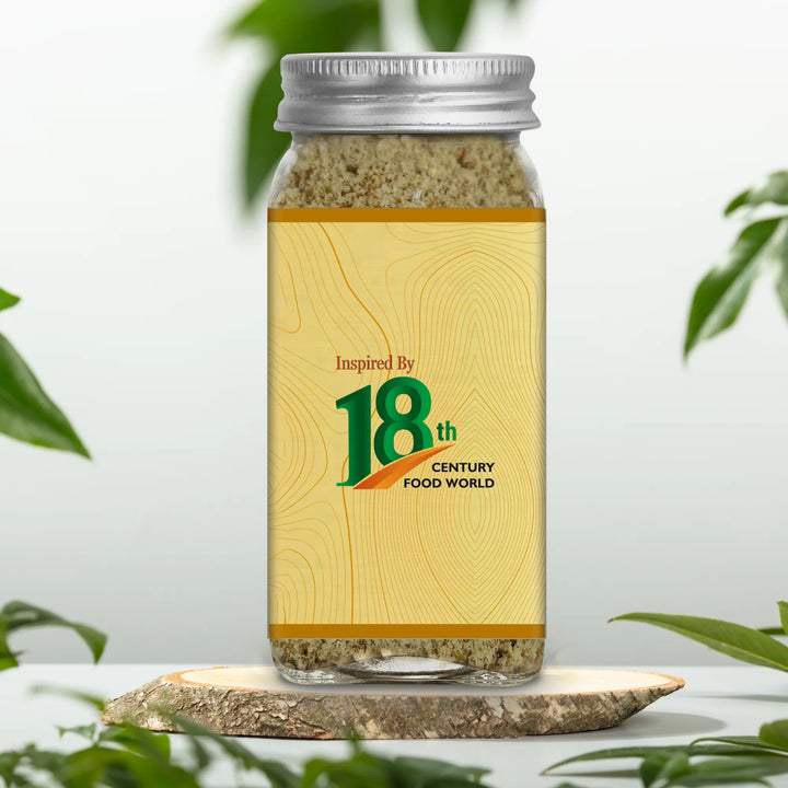 Milk masala spice blend jar with silver cap, '18th century' label, beige powder