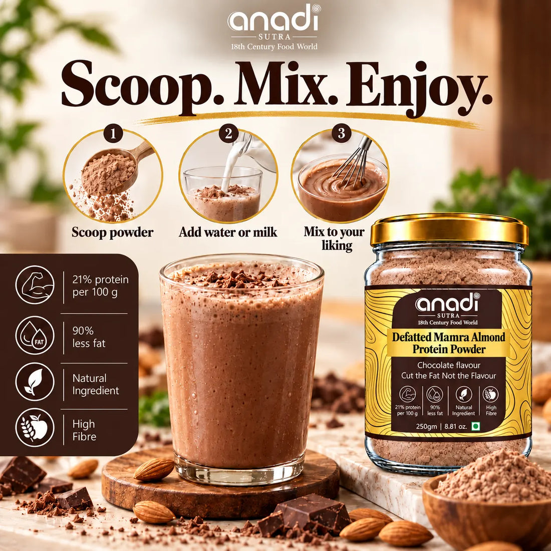anadi defatted almond protein powder jar with a glass of chocolate shake