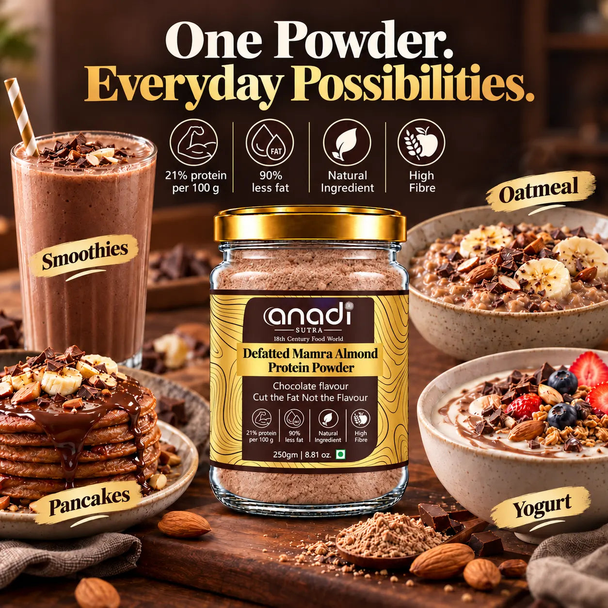 anadi defatted almond protein powder jar with smoothie and breakfast toppings nearby