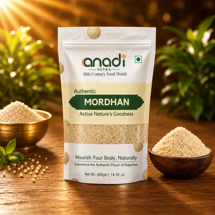 Mordhan Sama rice grains in white-and-green resealable pouch, 200 g