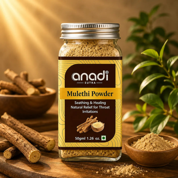 Mulethi powder jar with herbal root sticks and a bowl of beige powder, 50 g