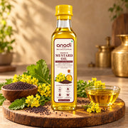 Anadi mustard oil bottle, 250 ml, with yellow oil, mustard seeds and flowers