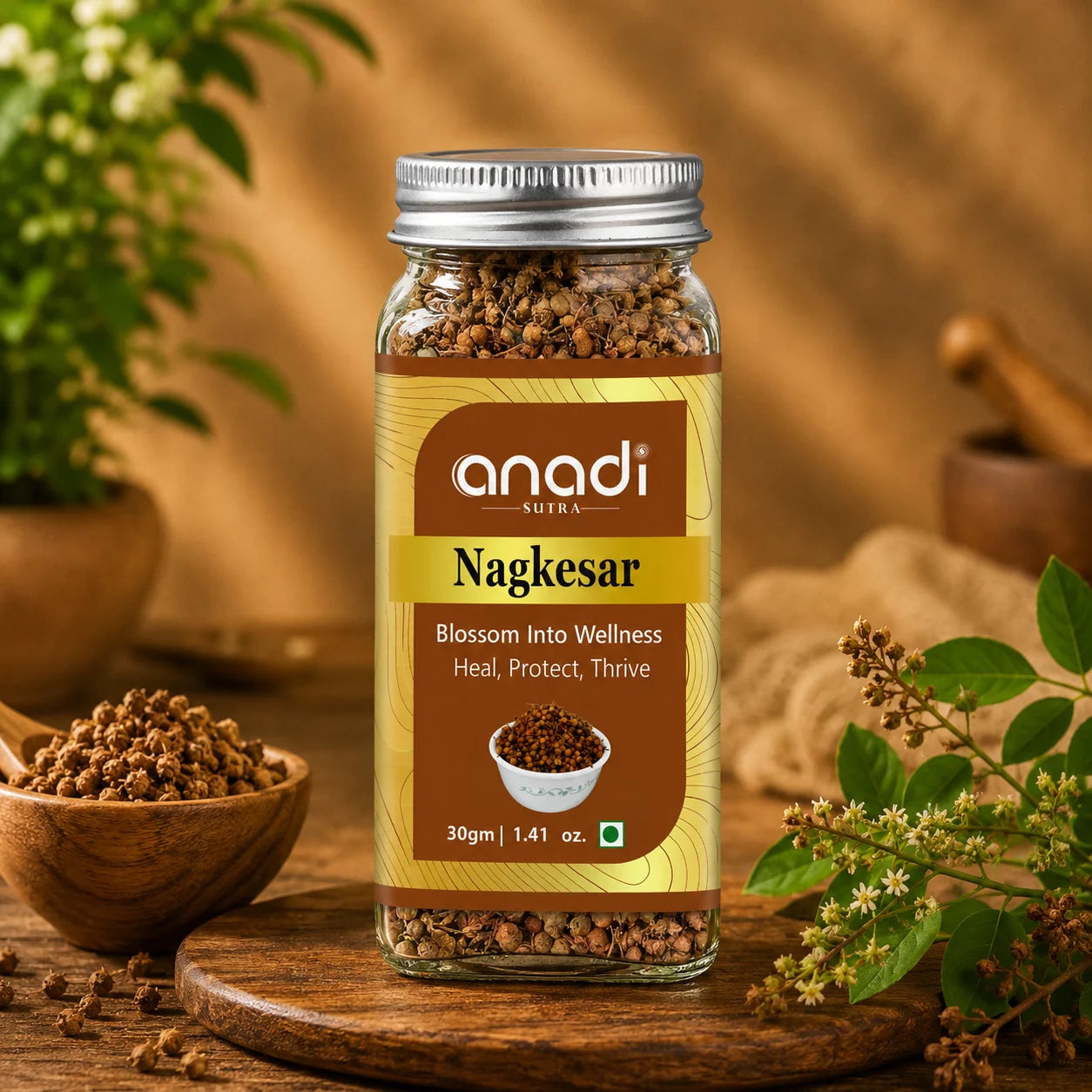 anandi sutra Nagkesar spice jar with 30g label and brown flower bud contents