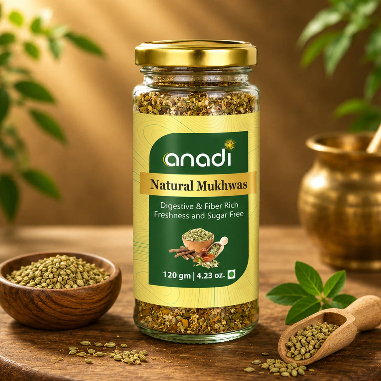Green-labeled mukhwas jar with gold lid, bowls of spice mix and scattered seeds