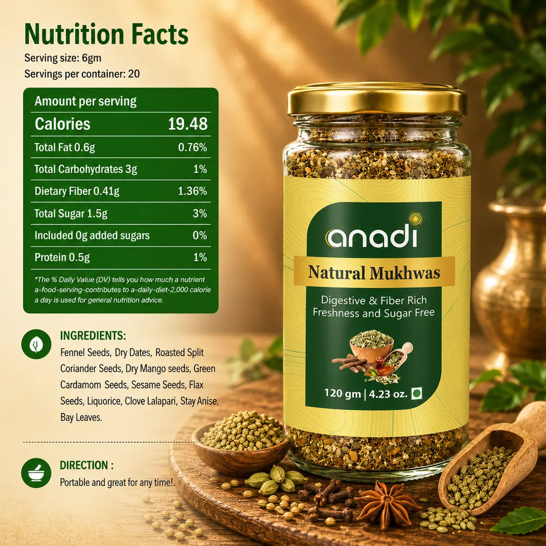 Natural Mukhwas snack jar, 120 gm, glass container with golden lid and spice label.