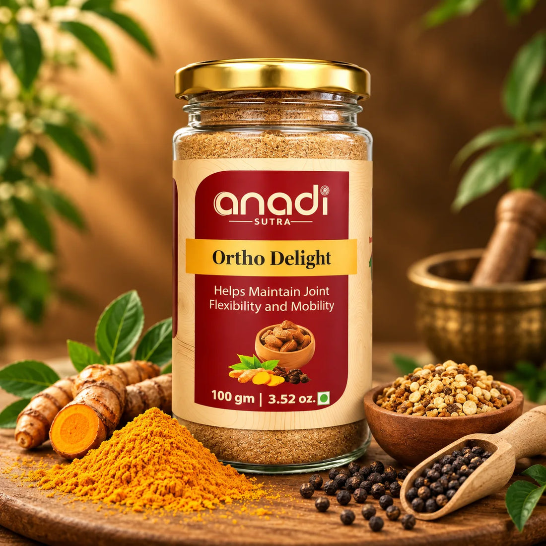 Anadi Sutra herbal joint support supplement jar, 100 g with spices and leaves