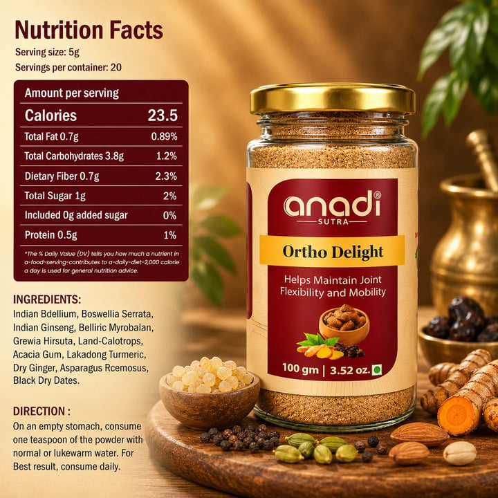 Anandi SUTRA Ortho Delight 100g glass jar with gold lid, orange label