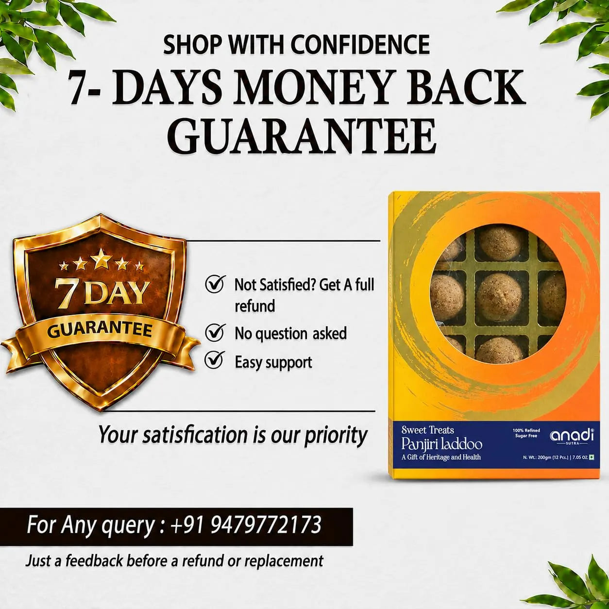 Sweet laddoo gift box with a 7-day money-back guarantee badge