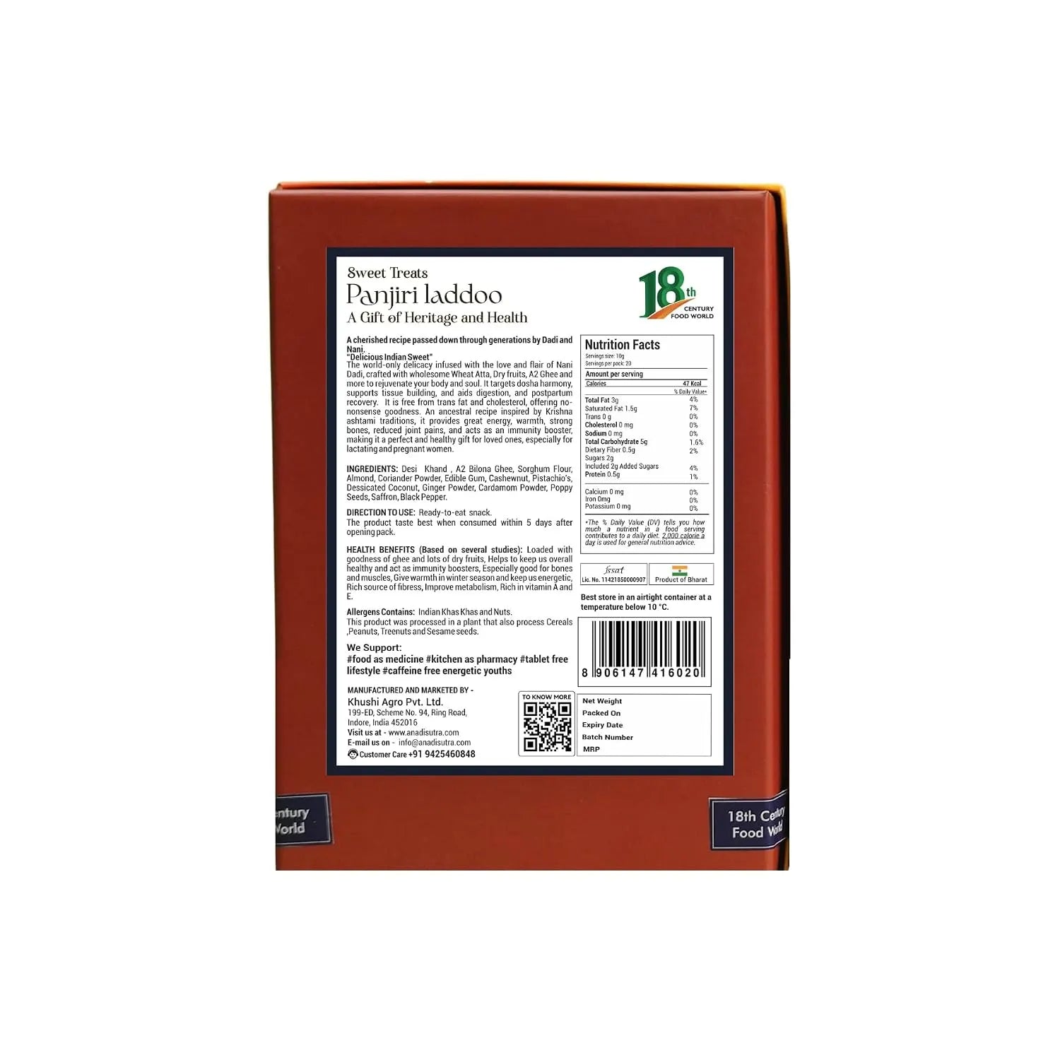 Back of sweet laddoo gift box with nutrition and ingredients information