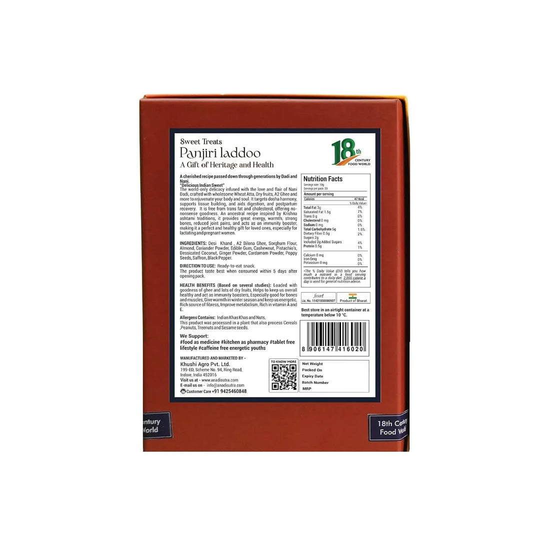Back of sweet laddoo gift box with nutrition and ingredients information