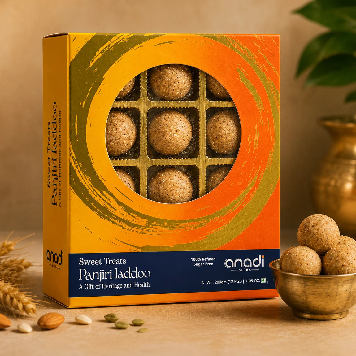 Sweet laddoo gift box with round ladoos in a small bowl