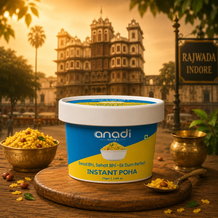 Instant Poha mix tub with blue label and yellow branding, dry ready-to-cook mix
