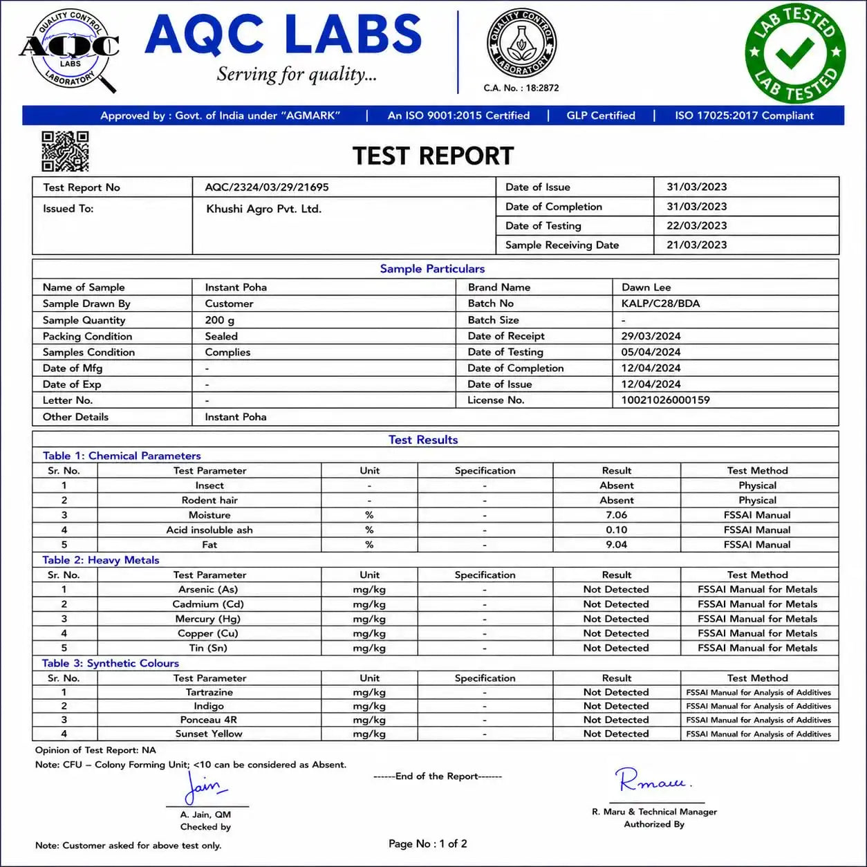 Instant Poha mix lab test report document with sample and test result tables