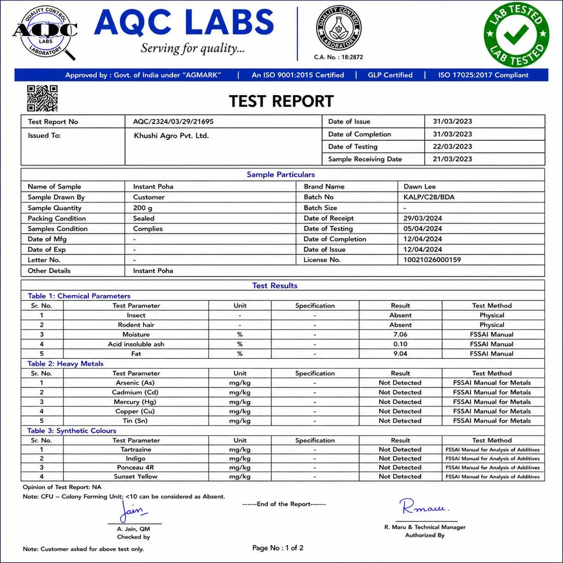 Instant Poha mix lab test report document with sample and test result tables