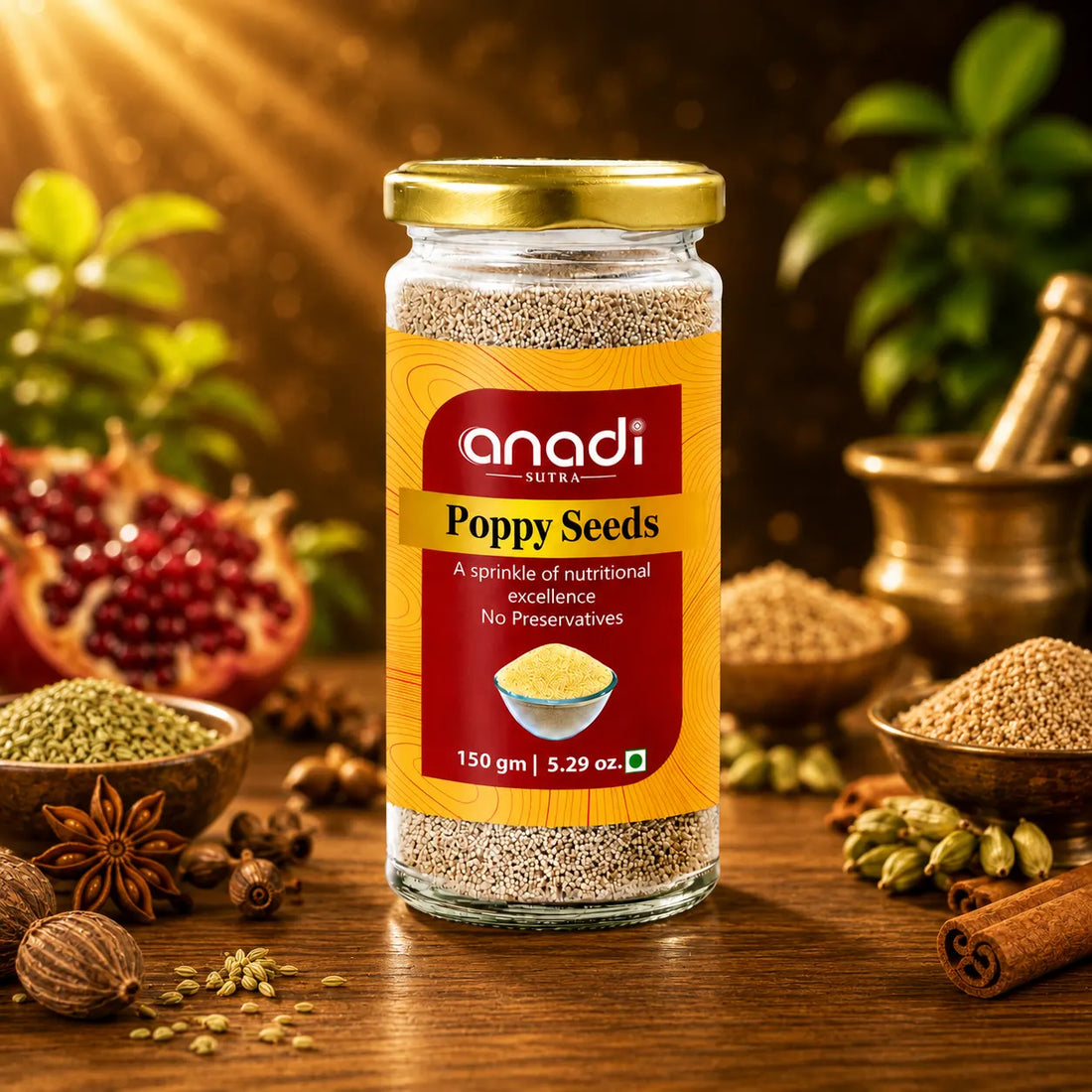 Close-up of anadi Poppy Seeds glass jar with gold lid and dried seeds