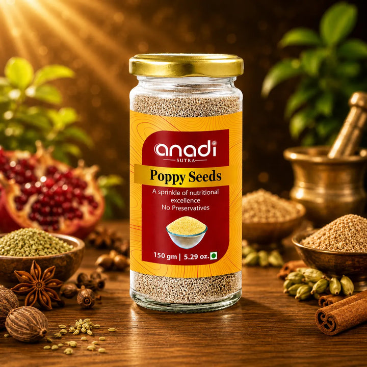 Close-up of anadi Poppy Seeds glass jar with gold lid and dried seeds