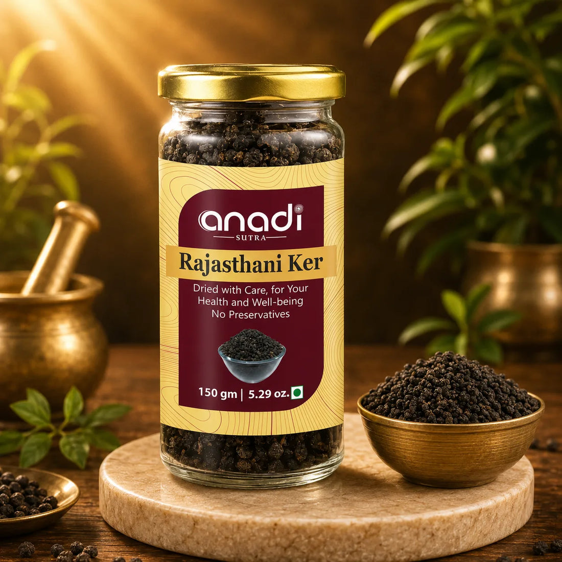 anadi sutra Rajasthani Ker dried herb in glass jar with gold lid, 150 g