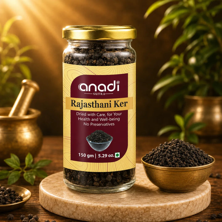 anadi sutra Rajasthani Ker dried herb in glass jar with gold lid, 150 g