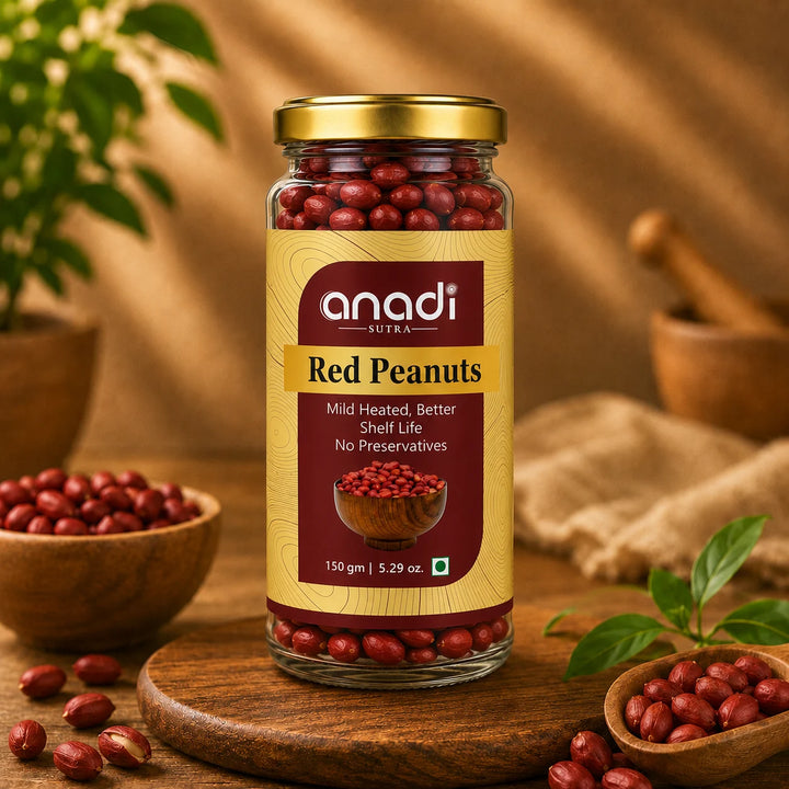 Glass jar of red peanuts with gold lid and labeled nutrition panel